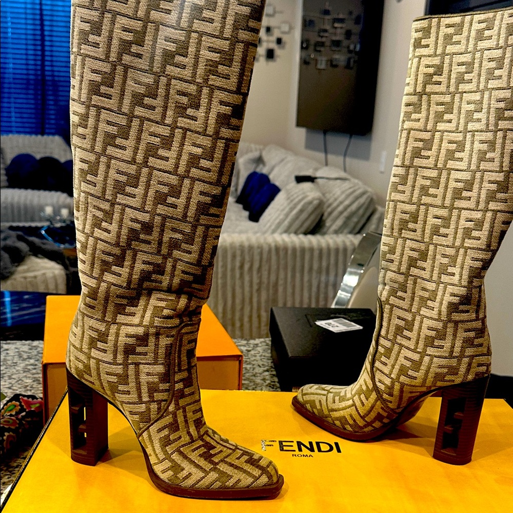 Fendi Beige Monogram Heeled Boots